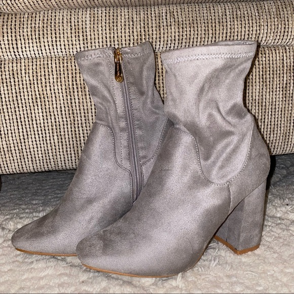 Grey Suede Chunky Block Heel Sock Booties - Picture 6 of 12